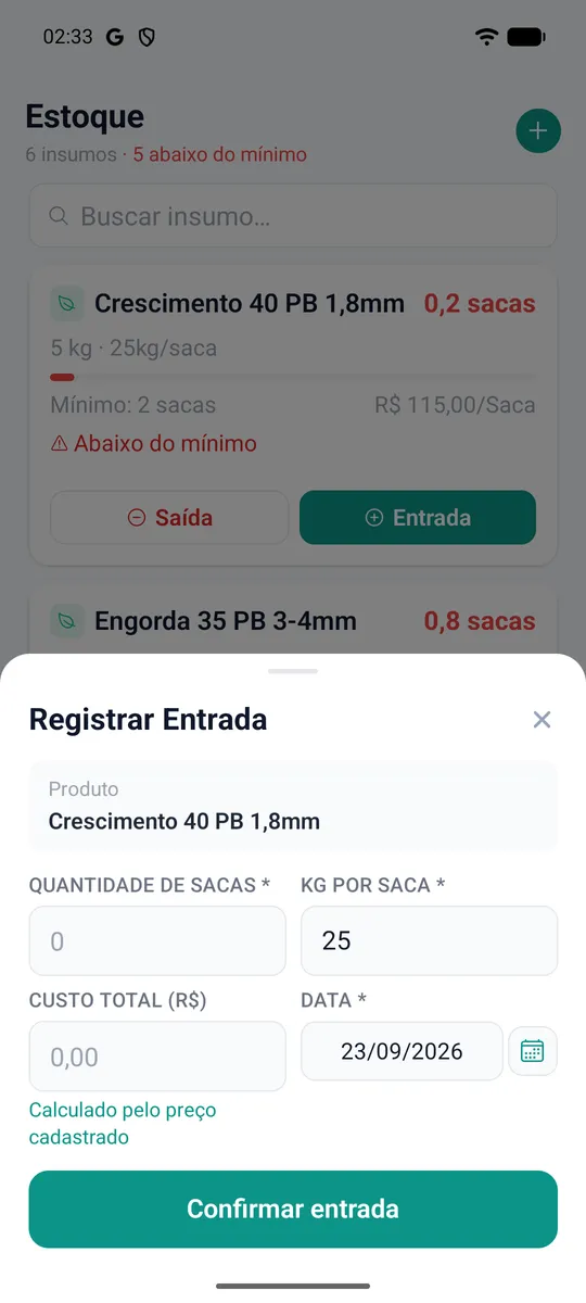 Formulário de entrada de ração com produto, quantidade de sacas, preço e data.
