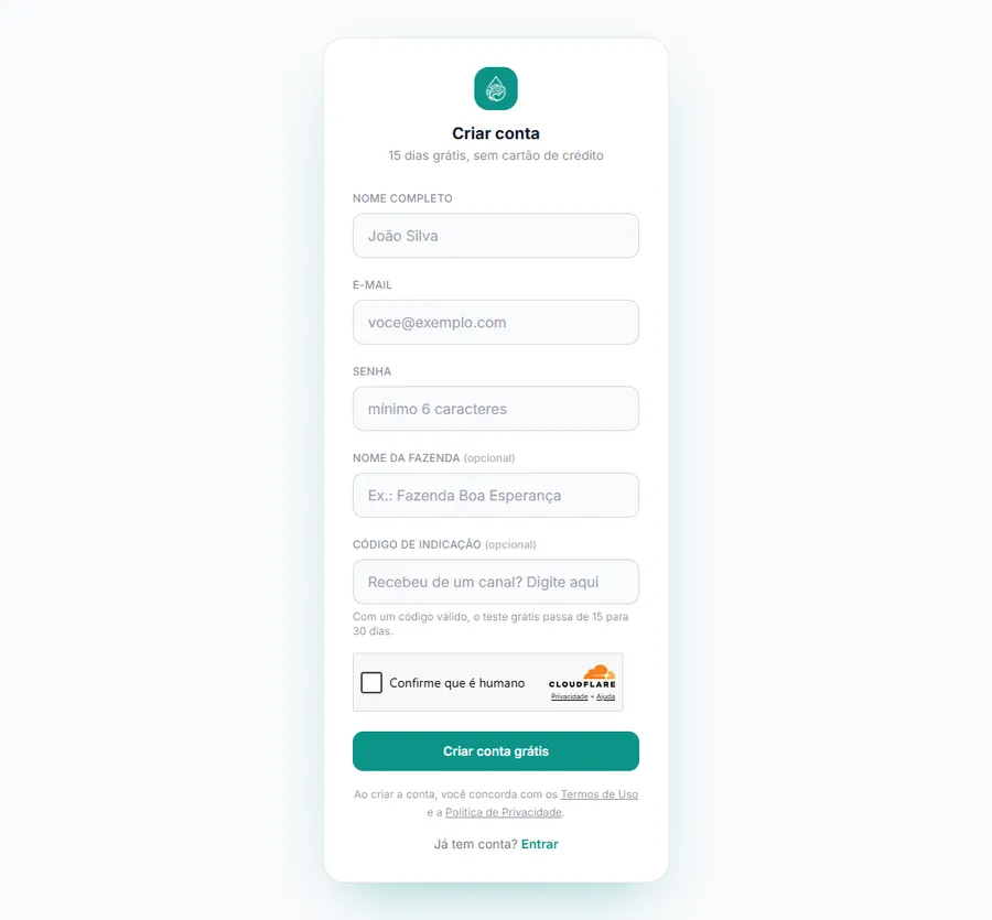 Formulário de criação de conta no navegador, com nome, e-mail, senha e o campo de código de indicação.