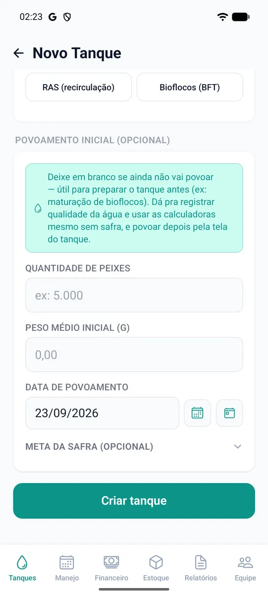 Formulário de povoamento com quantidade de peixes, peso médio inicial em gramas e data.