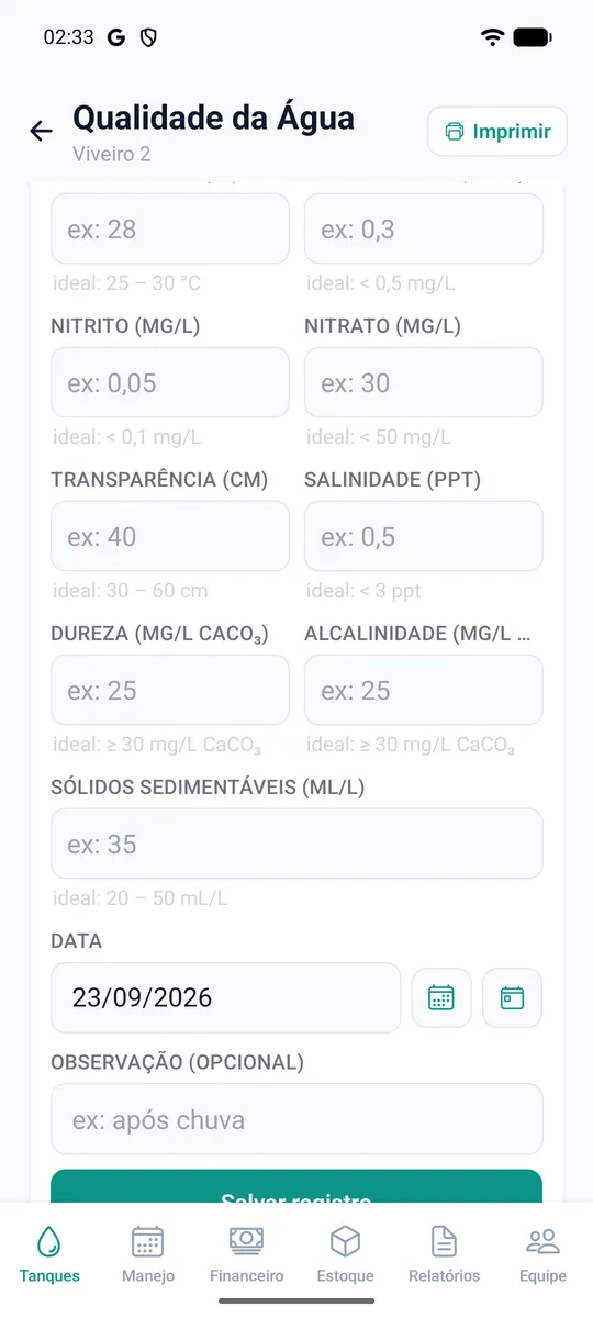 Tela de qualidade da água com oxigênio, pH, temperatura e amônia, e a situação de cada parâmetro.