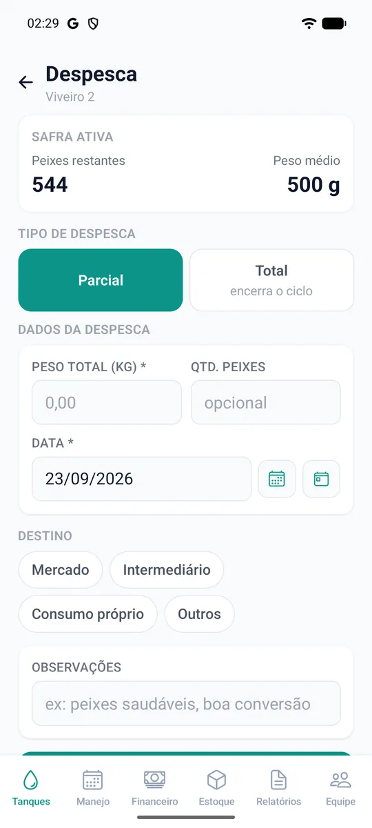 Formulário de despesca com quantidade de peixes, peso total e data.