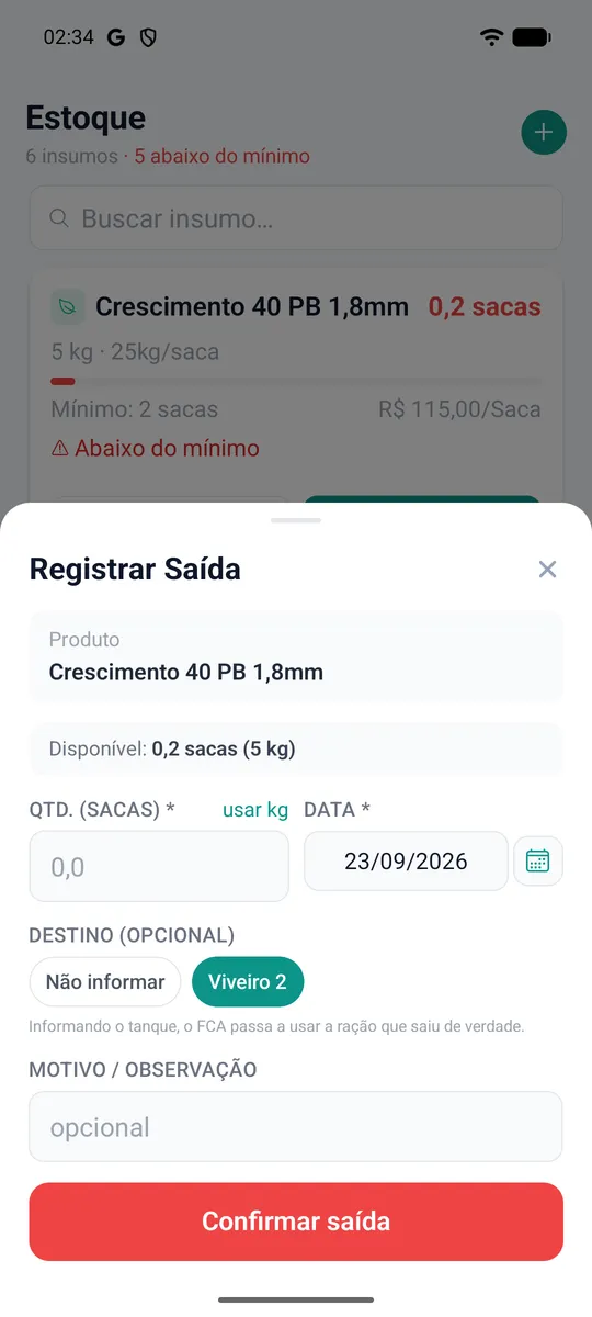 Formulário de saída de ração com quantidade, data e a escolha do tanque de destino.