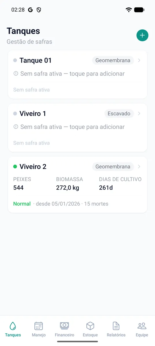 Lista de tanques da fazenda, cada um com biomassa, peso médio e dias de cultivo.