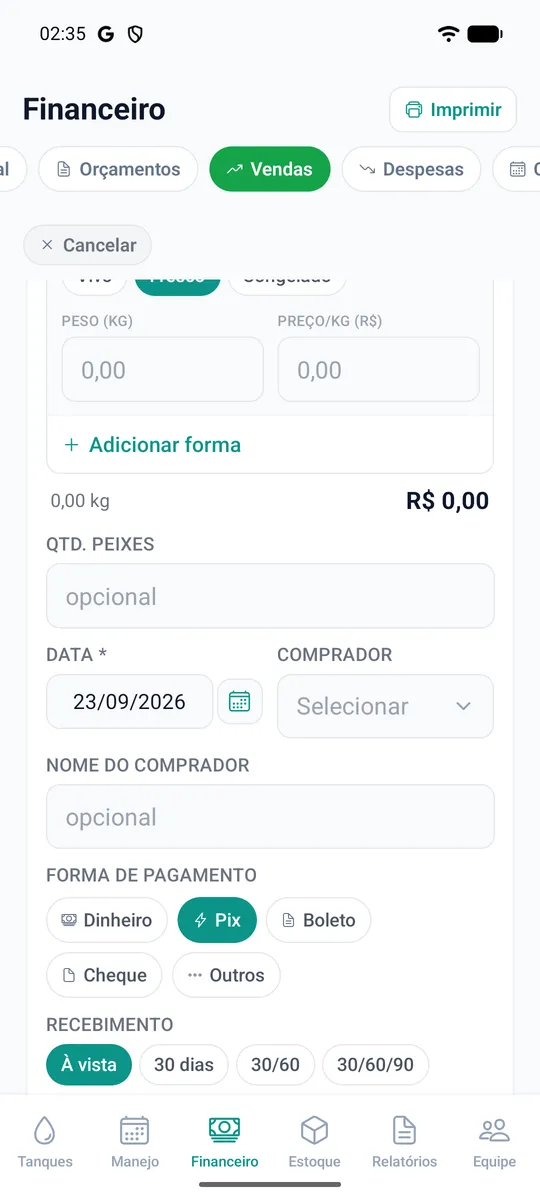 Itens da venda por forma do produto, cada um com peso e preço por quilo.