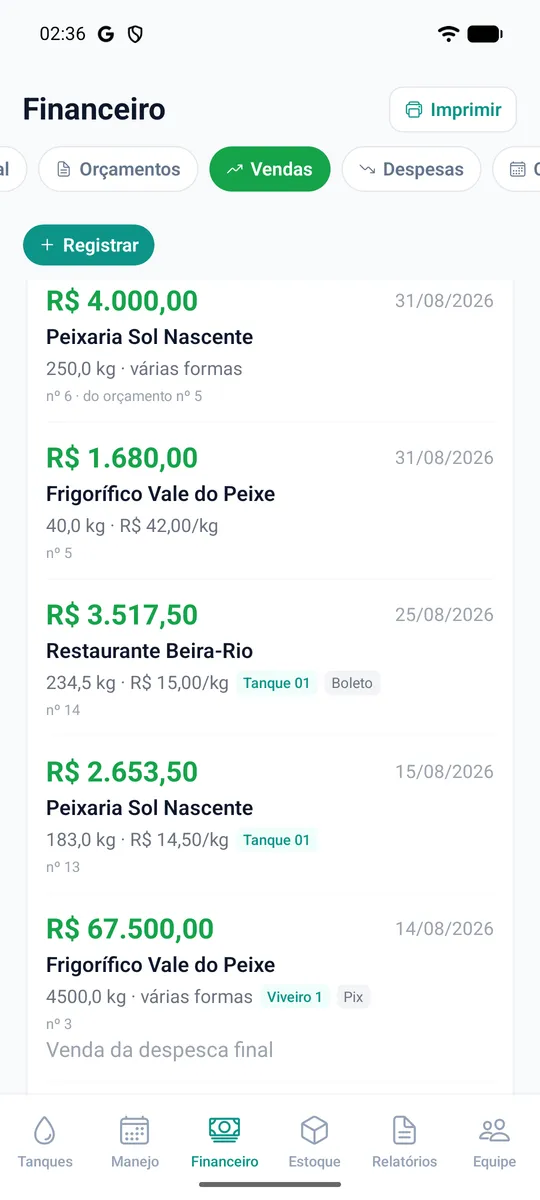 Lista de vendas com comprador, peso, valor e número de cada venda.